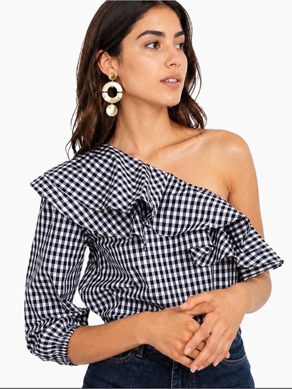 J.CREW Gingham Ruffle Asymmetrical Top One Shoulder Blouse Size 4